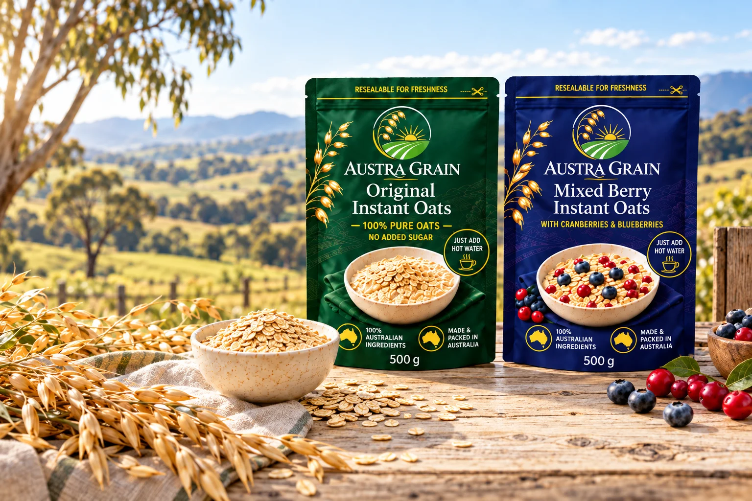 Austra Grain Original and Mixed Berry oat pouches on a farmhouse table overlooking Australian countryside