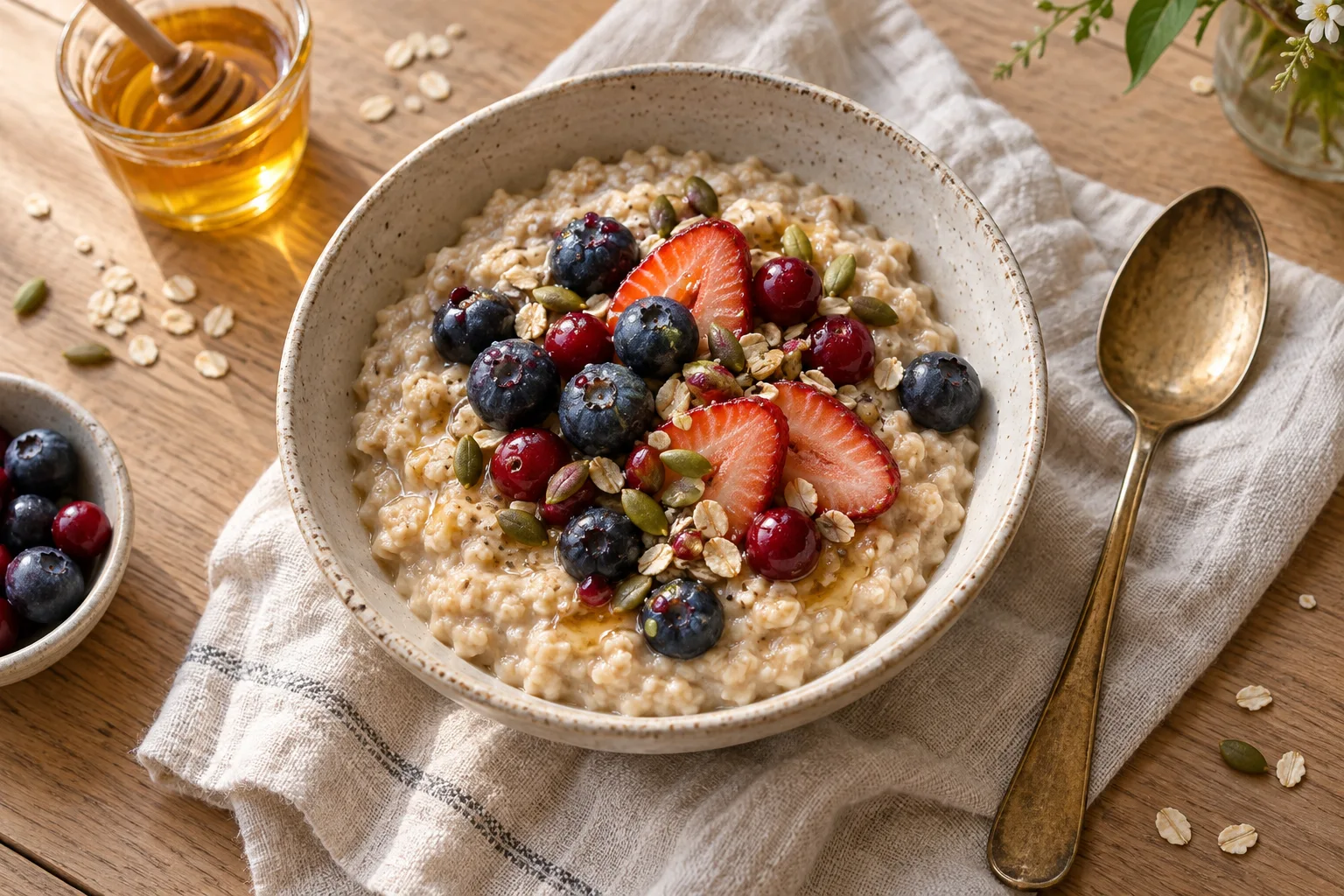 A creamy bowl of oats topped with berries and seeds, with a spoon and honey alongside