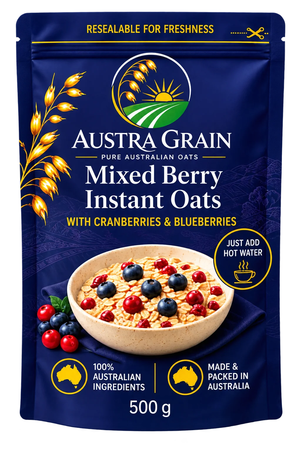 Austra Grain Mixed Berry Instant Oats 500 g pouch
